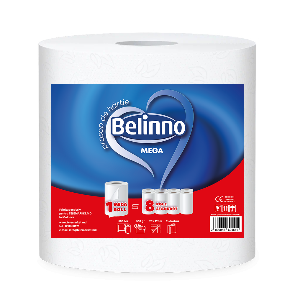 Prosop de hirtie Belinno Mega, 1 rola - 500 foi, 2 straturi, 530 gr.