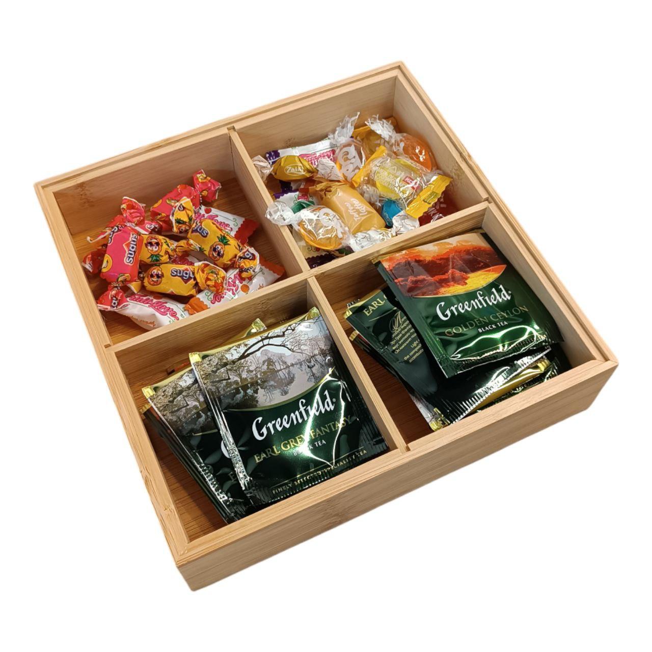 Organizator - suport din bambus, cu capac, 20x20 cm (plicuri de ceai, nuci, dulciuri)