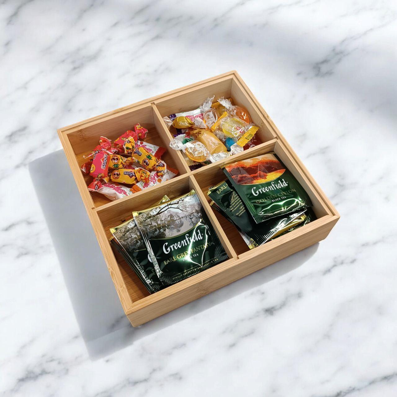 Organizator - suport din bambus, cu capac, 20x20 cm (plicuri de ceai, nuci, dulciuri)