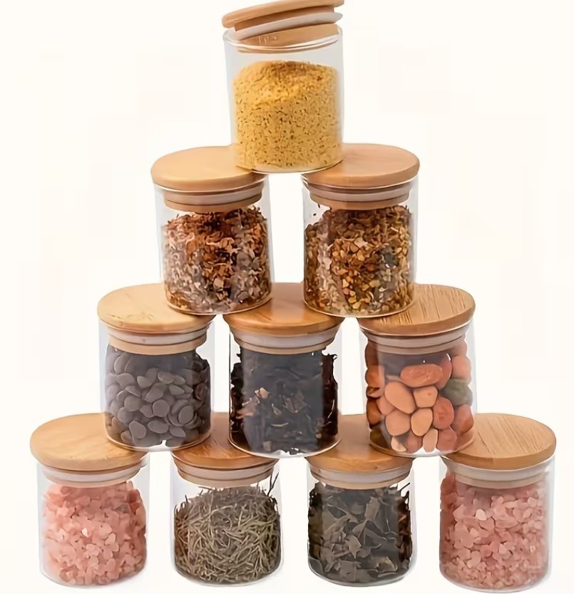 Borcan din sticla cu capac din bambus, 200ml, 65x80 cm (1 buc)