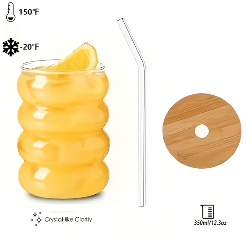Pahar cu capac si pai din sticla, Wave, 370ml