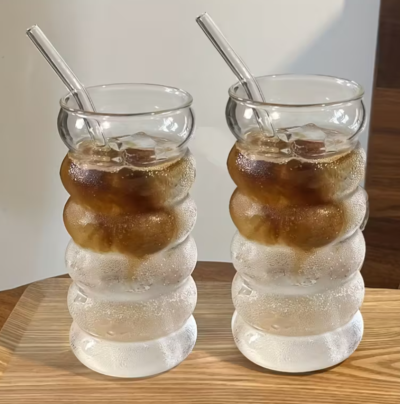 Pahar cu capac si pai din sticla, Wave, 480ml