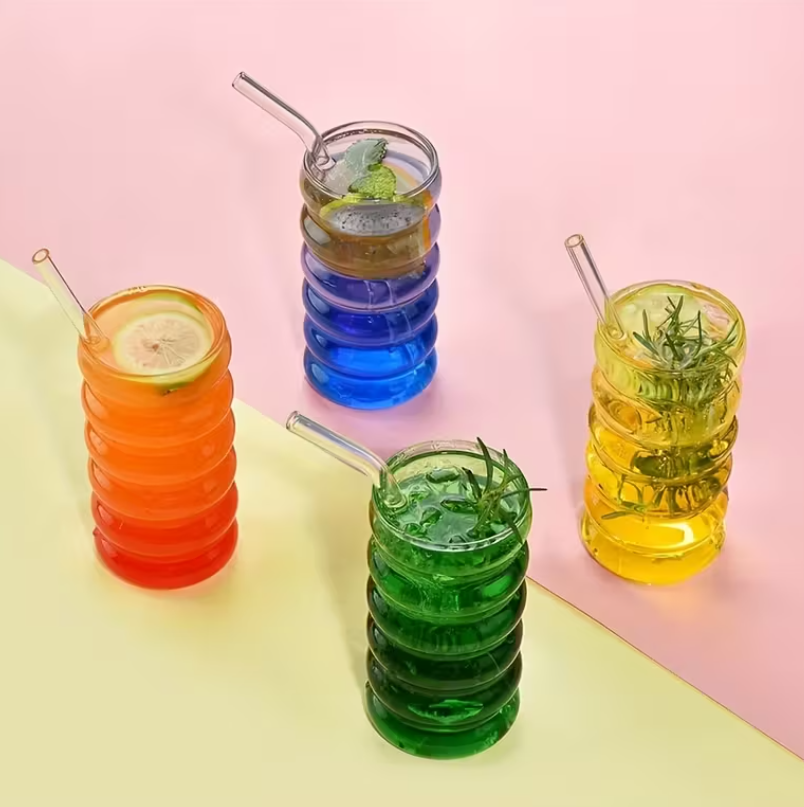 Pahar cu capac si pai din sticla, Wave, 480ml