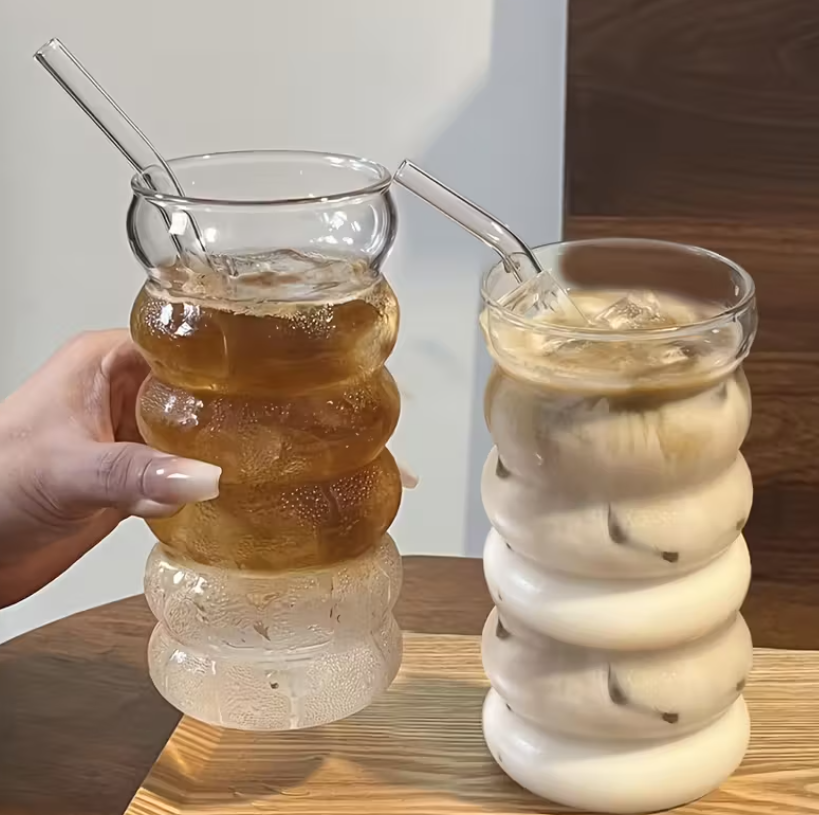 Pahar cu capac si pai din sticla, Wave, 480ml