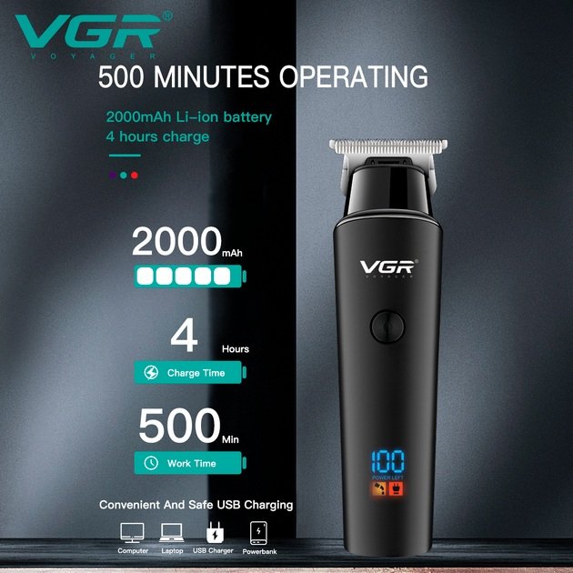Aparat de tuns reîncărcabil VGR V-937, 3 duze, afișaj LED