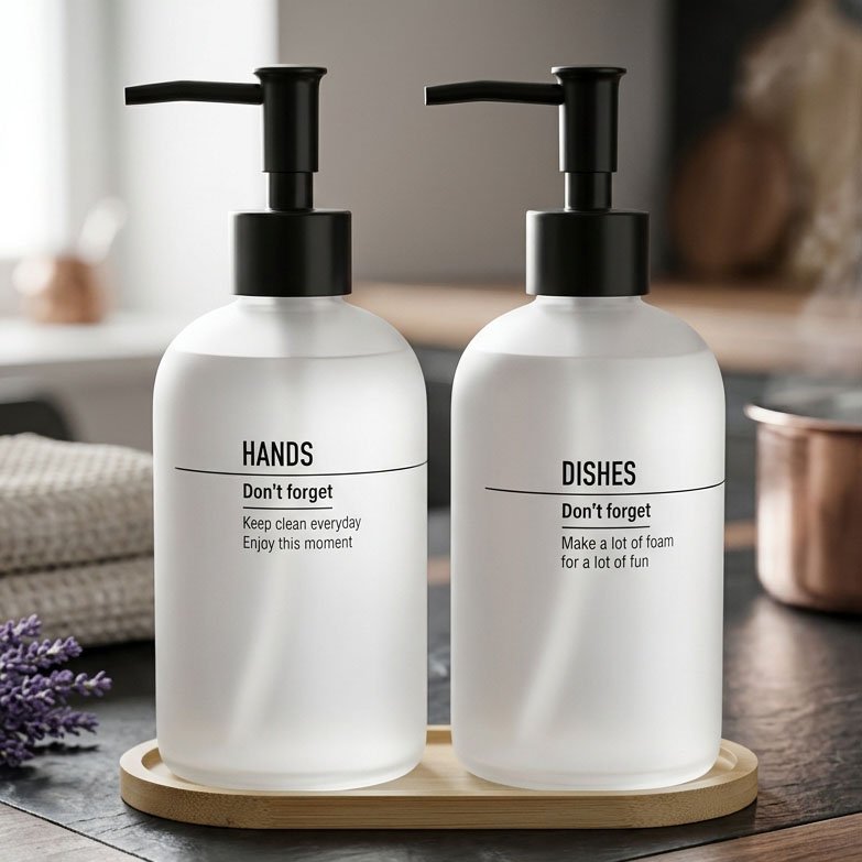 Dozator din sticlă  2 buc x 500 ml pe suport din bambus